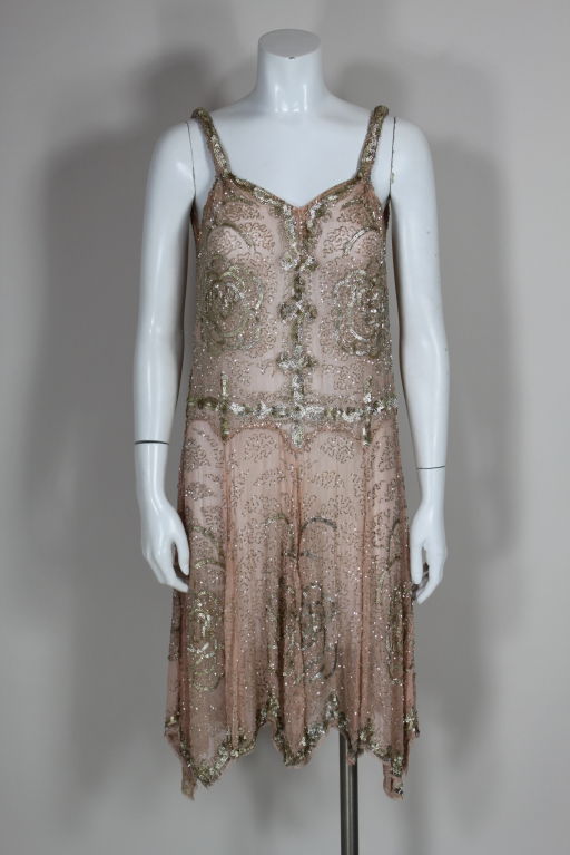 1920s Deco Beaded Pink Chiffon Cocktail Dress