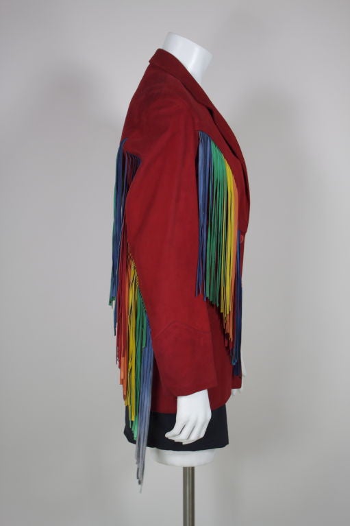 Women's Beverly Feldman Red Suede Jacket with Rainbow Fringe