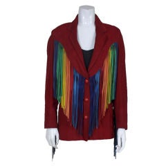 Vintage Beverly Feldman Red Suede Jacket with Rainbow Fringe