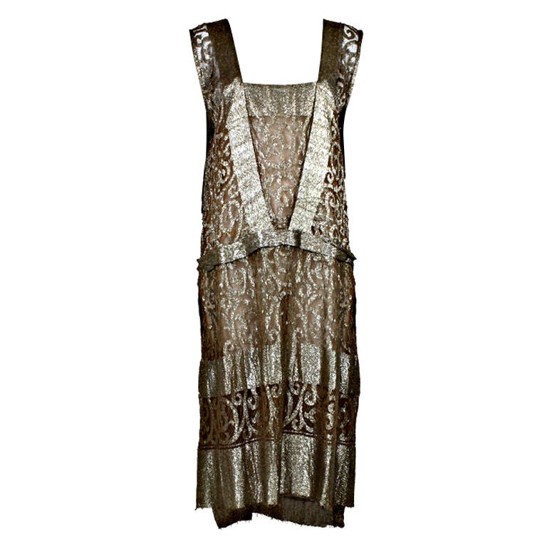 1920s Metallic Gold Lamé Lace Party Dress For Sale