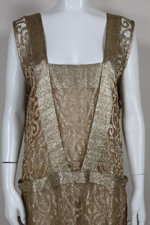 1920s Metallic Gold Lamé Lace Party Dress For Sale 1