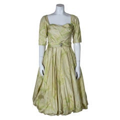 1950s Watercolor Floral Chiné Silk Taffeta Dress