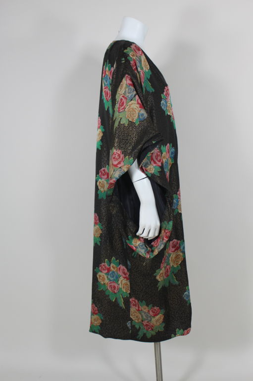 Black 1920s Deco Floral Lamé Brocade Kimono Coat For Sale