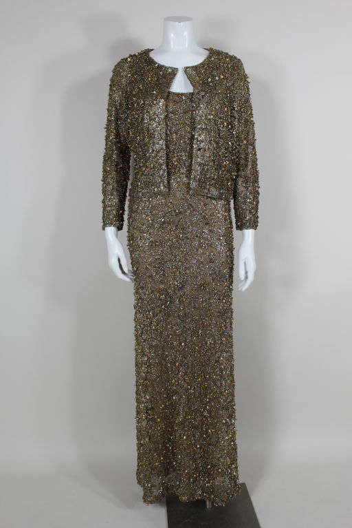 Valentino Beaded Metallic Lace Gown with Jacket