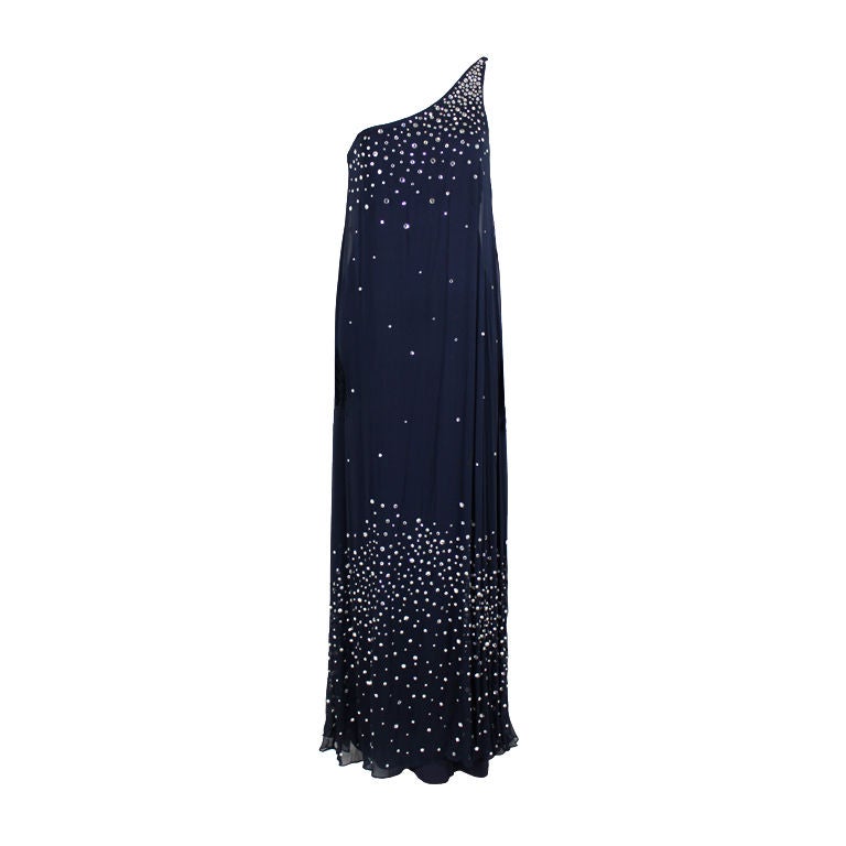 Halston Attribution Navy Chiffon & Jersey Rhinestone Gown