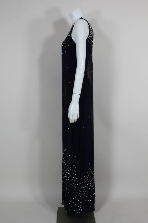 Black Halston Attribution Navy Chiffon & Jersey Rhinestone Gown