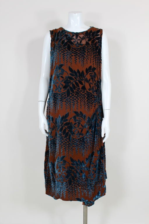 1920’s Brown and Blue Silk Devoré Velvet Evening Dress