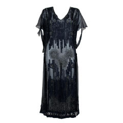 Vintage 1920s Sheer Navy Beaded Chiffon Party Dress