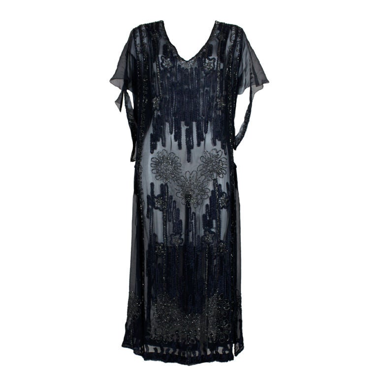 1920s Sheer Navy Beaded Chiffon Party Dress For Sale