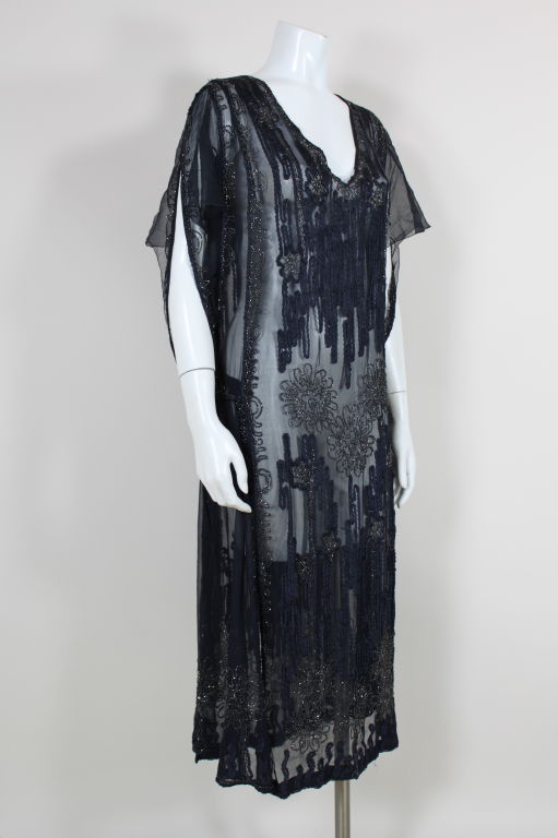 Black 1920s Sheer Navy Beaded Chiffon Party Dress For Sale