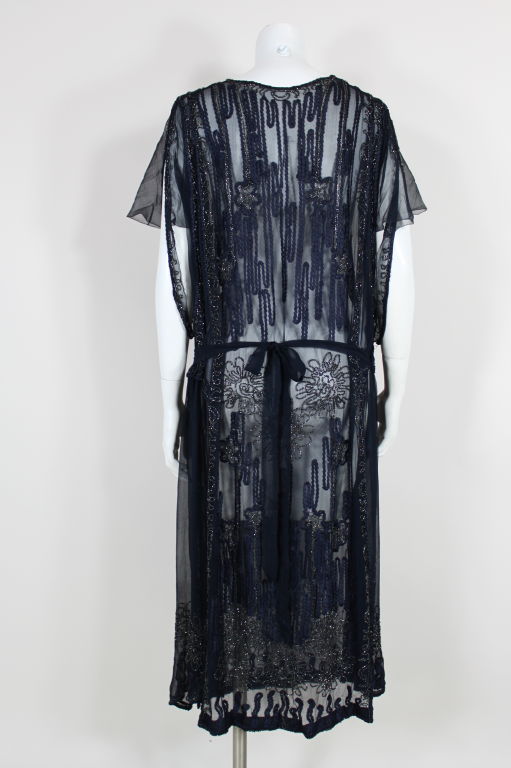 Women's 1920s Sheer Navy Beaded Chiffon Party Dress For Sale