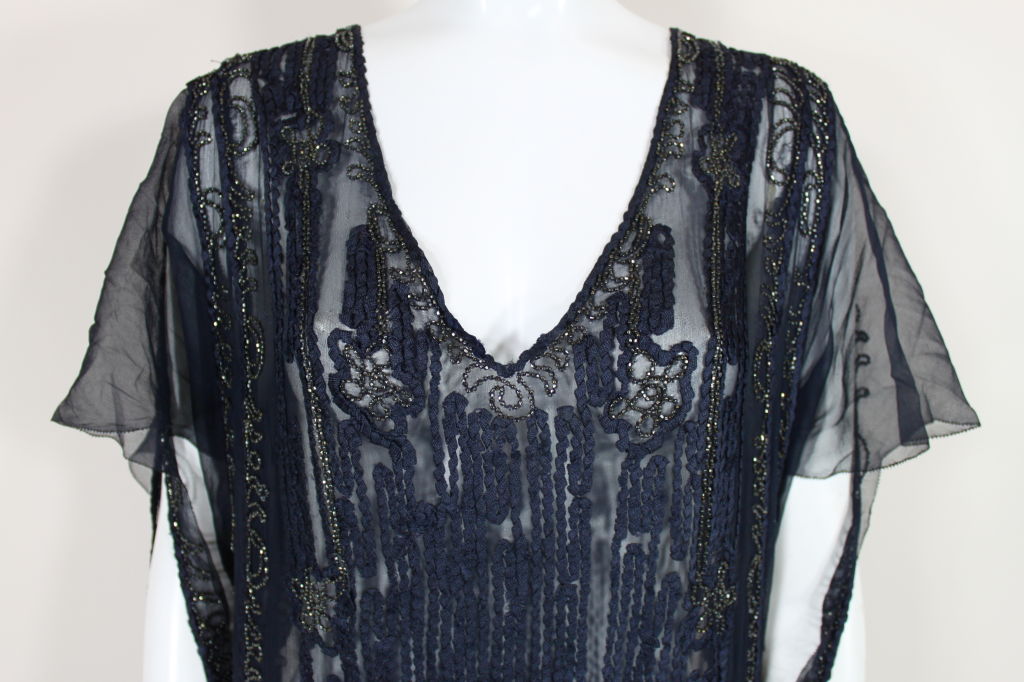 1920s Sheer Navy Beaded Chiffon Party Dress For Sale 2
