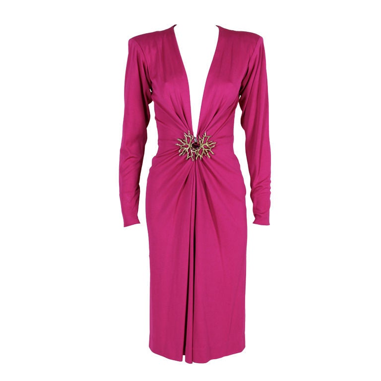 YSL Fuschia Jersey Cocktail Dress with Coral Medallion