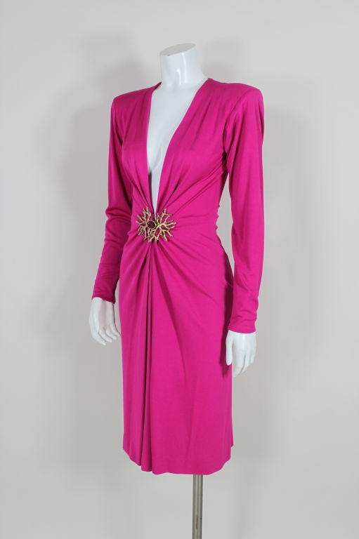 YSL Fuschia Jersey Cocktail Dress with Coral Medallion 3