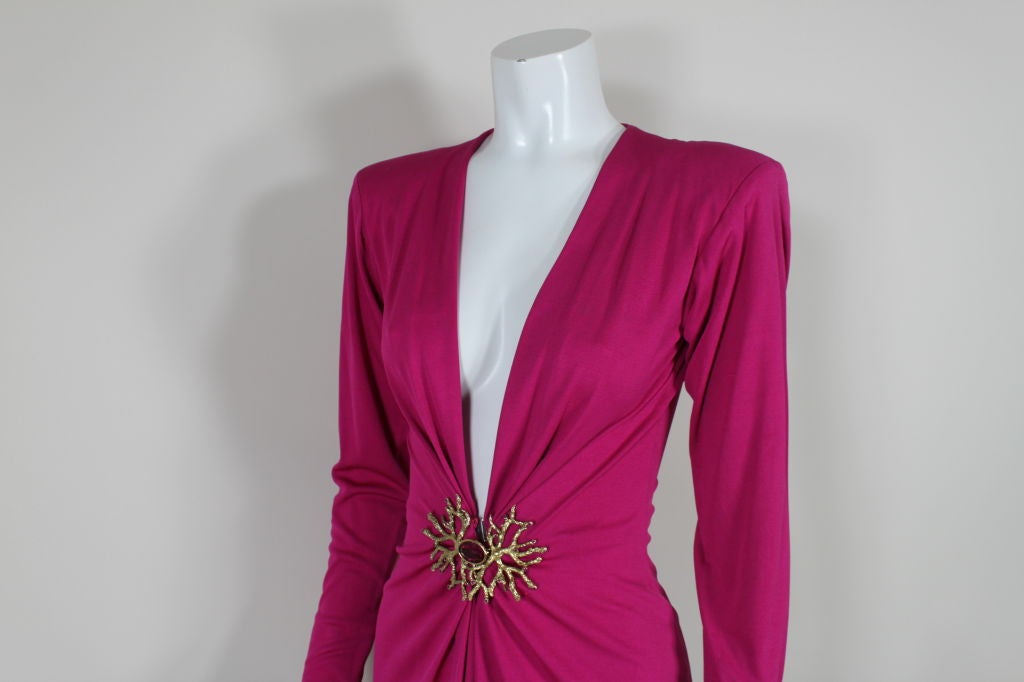 YSL Fuschia Jersey Cocktail Dress with Coral Medallion 4