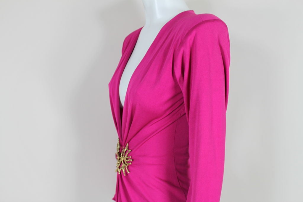 YSL Fuschia Jersey Cocktail Dress with Coral Medallion 5