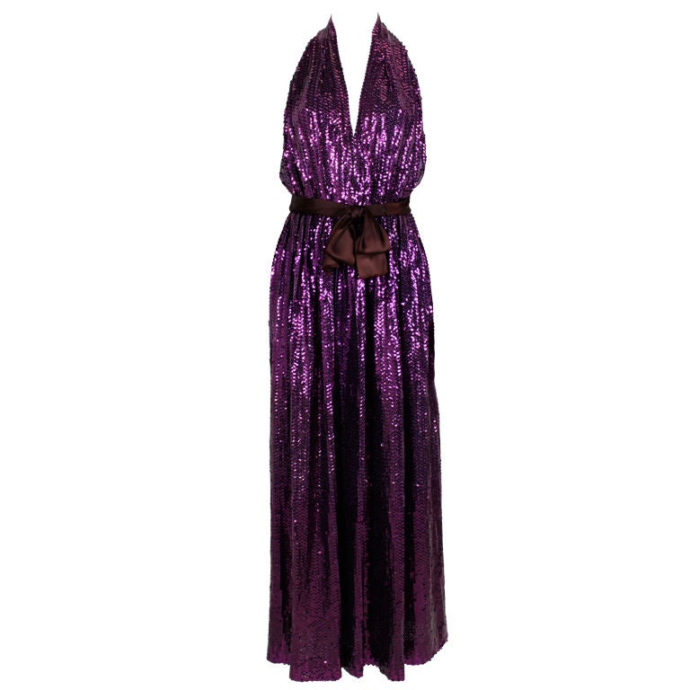 Bill Blass Violet Sequined Halter Gown at 1stDibs