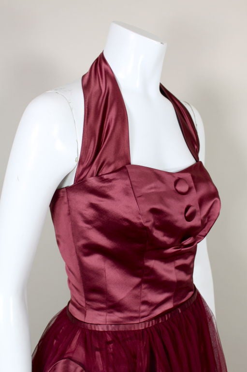 1950's Burgundy Satin Halter Dress with Tulle Overlay 3