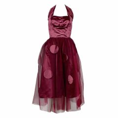 1950's Burgundy Satin Halter Dress with Tulle Overlay
