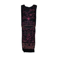1920's Hot Pink Beaded Black Crepe Japanese Inspired Party Dress