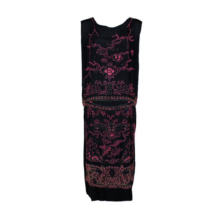 1920's Hot Pink Beaded Black Crepe Japanese Inspired Party Dress For Sale