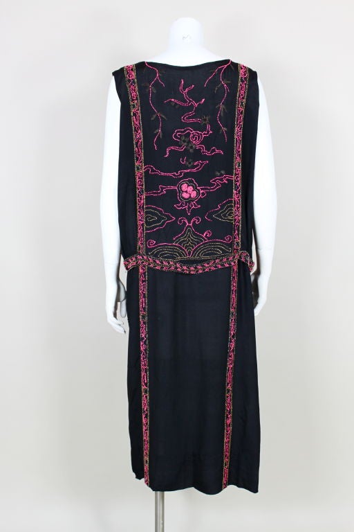 Women's 1920's Hot Pink Beaded Black Crepe Japanese Inspired Party Dress For Sale