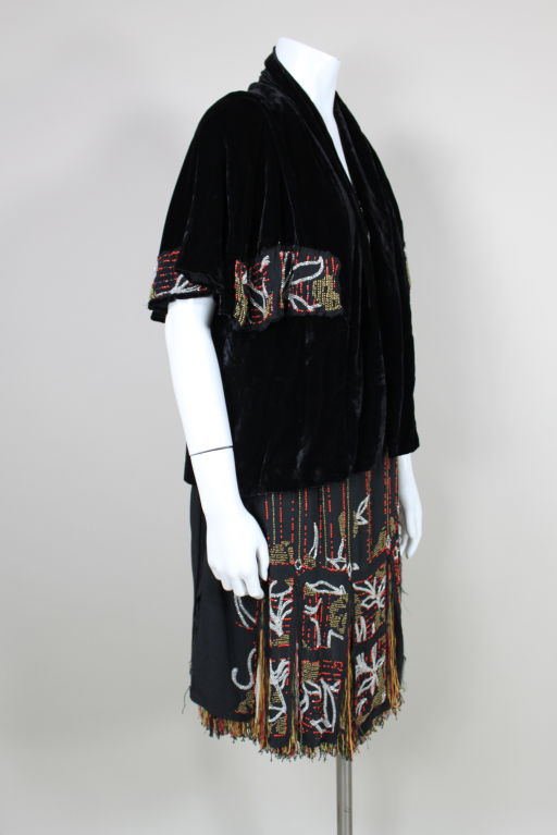 1920s Art Deco Beaded Party Dress with Silk Velvet Jacket