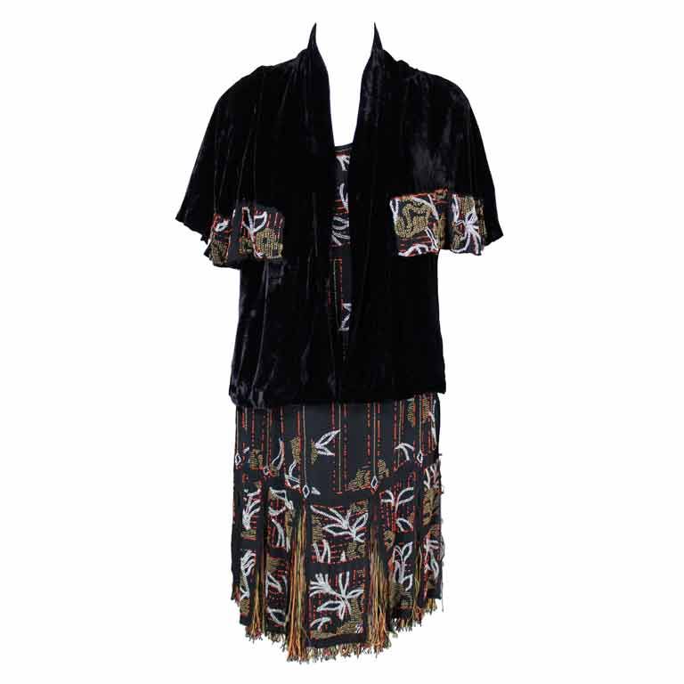 1920s Art Deco Beaded Party Dress with Silk Velvet Jacket For Sale