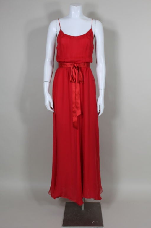 Chanel Red Silk Chiffon Belted Gown at 1stdibs