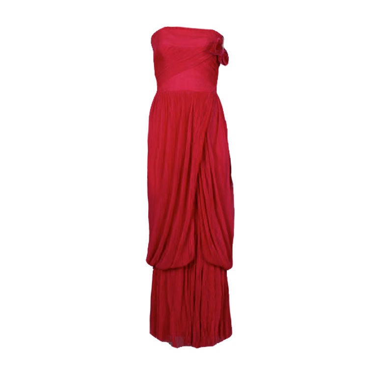 Sophie of Saks Hot Pink Crinkle Chiffon Gown with Wrap at 1stdibs