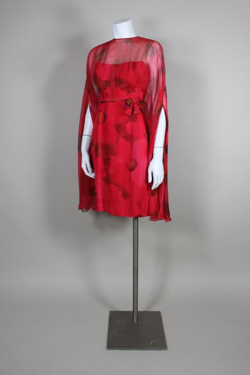 1960's Red Floral Chiffon Cocktail Dress at 1stDibs
