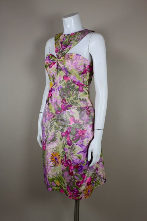 Gray Bill Blass 1980s Garden Floral Chiné Silk Taffeta Party Dress