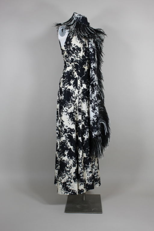 Black 1960s Printed Sophie of Saks Silk Gown with Feather Wrap