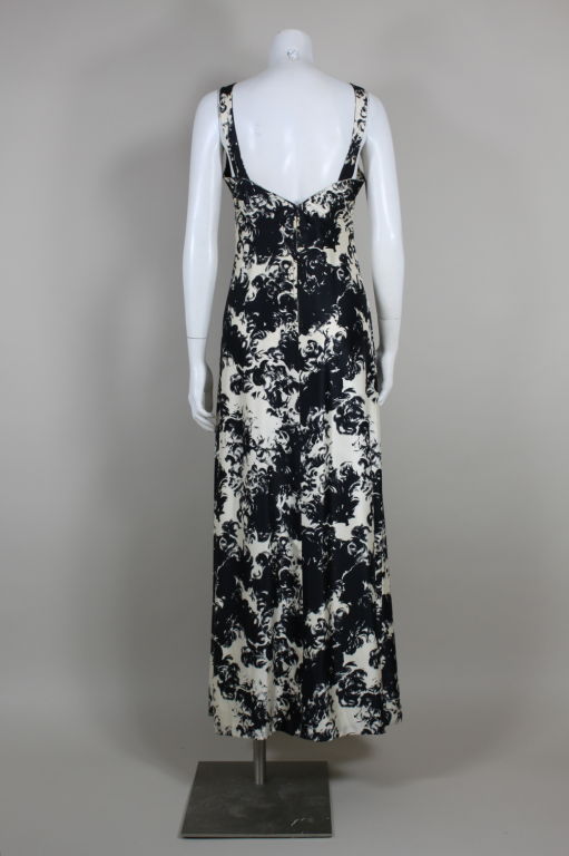 1960s Printed Sophie of Saks Silk Gown with Feather Wrap 1