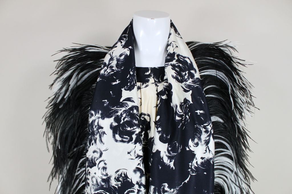 1960s Printed Sophie of Saks Silk Gown with Feather Wrap 3