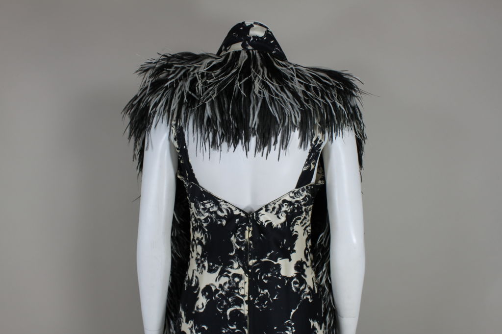 1960s Printed Sophie of Saks Silk Gown with Feather Wrap 4