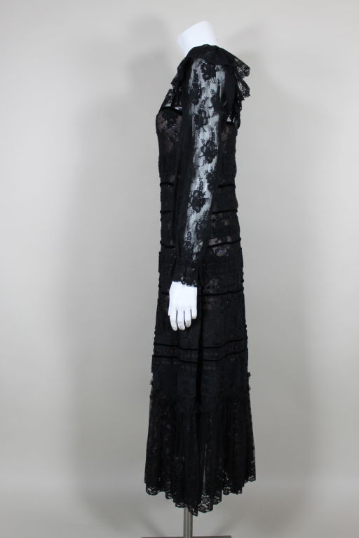Sant'Angelo 1970s Black Metallic Tiered Lace Peasant Gown In Excellent Condition In Los Angeles, CA
