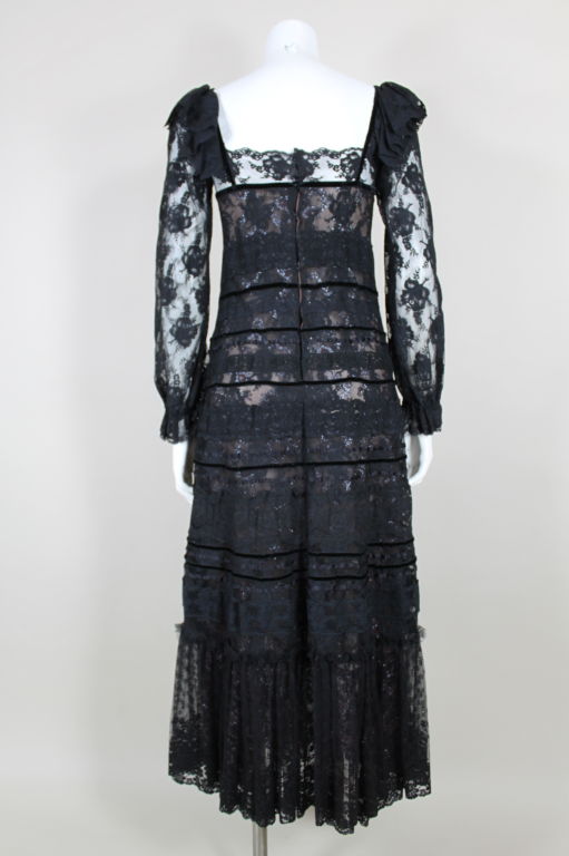 Women's Sant'Angelo 1970s Black Metallic Tiered Lace Peasant Gown