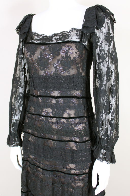 Sant'Angelo 1970s Black Metallic Tiered Lace Peasant Gown 1