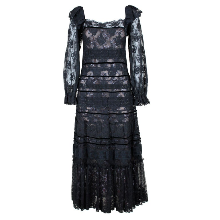 Sant'Angelo 1970s Black Metallic Tiered Lace Peasant Gown