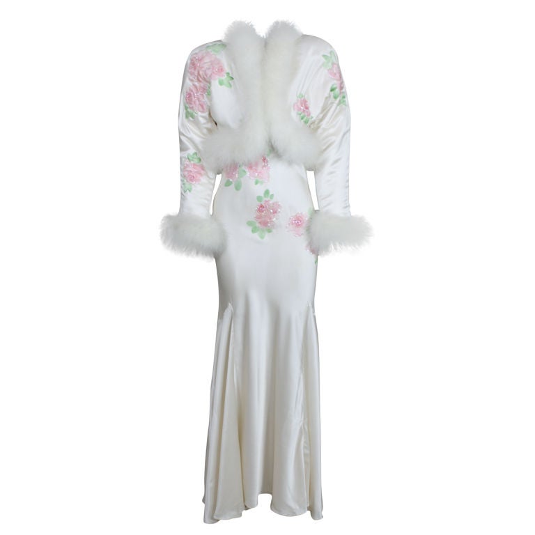 1970's Bill Tice Silk Bias Gown with Marabou Trimmed Jacket