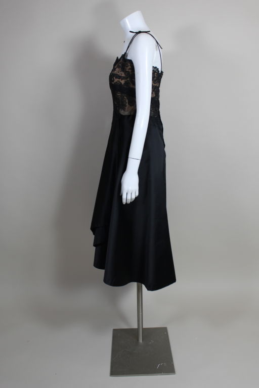 Irene 1950s Black Lace and Satin Cocktail Dress In Excellent Condition For Sale In Los Angeles, CA