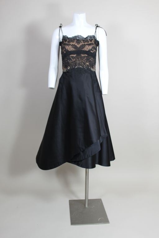 Irene 1950s Black Lace and Satin Cocktail Dress For Sale 4