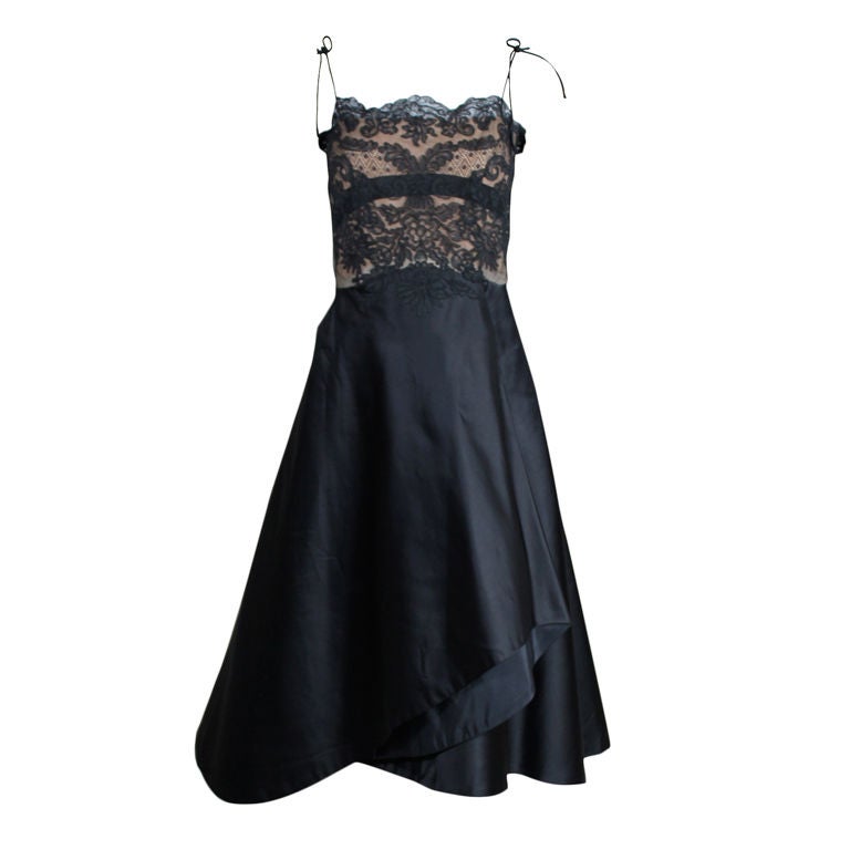 Irene 1950s Black Lace and Satin Cocktail Dress For Sale