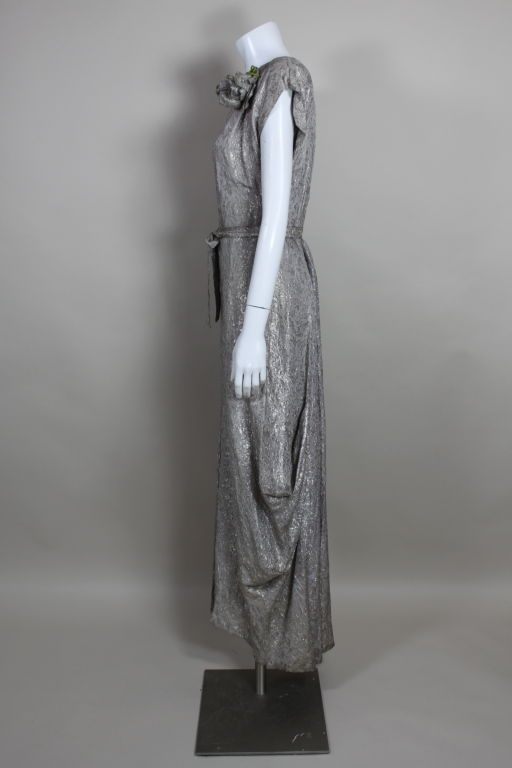 Women's 1930’s Silver Lamé Pleated Gown with Rose Trim For Sale