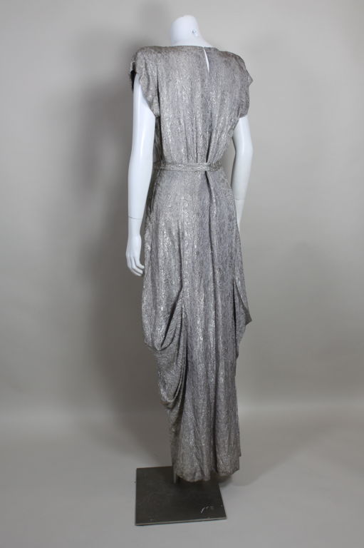 1930’s Silver Lamé Pleated Gown with Rose Trim For Sale 1
