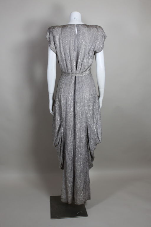 1930’s Silver Lamé Pleated Gown with Rose Trim For Sale 2