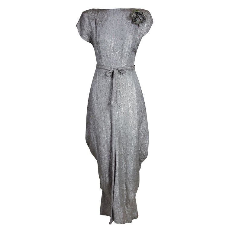 1930’s Silver Lamé Pleated Gown with Rose Trim For Sale