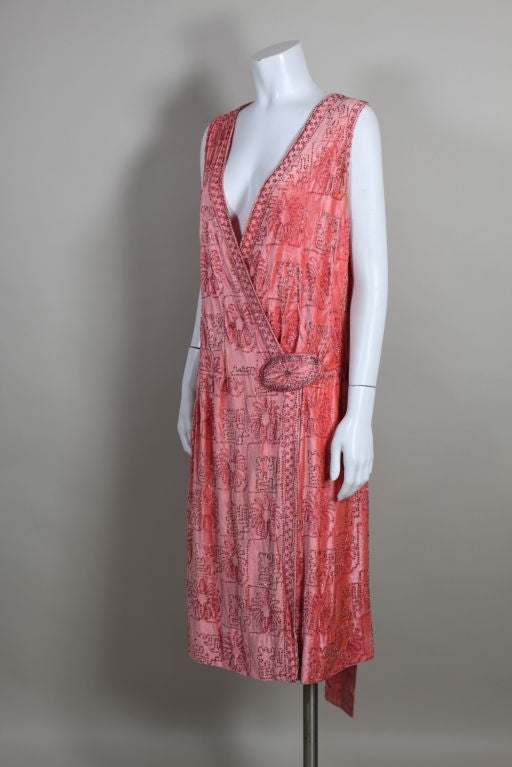 Pink 1920s Beaded Peach Silk Velvet Party Dress For Sale