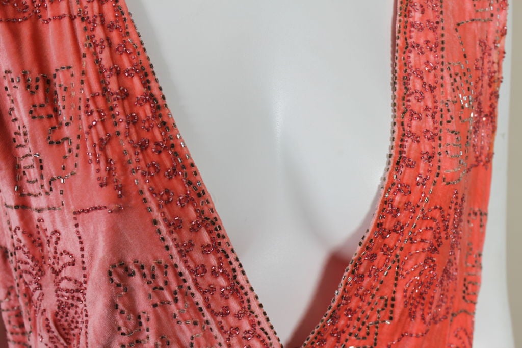 1920s Beaded Peach Silk Velvet Party Dress For Sale 4
